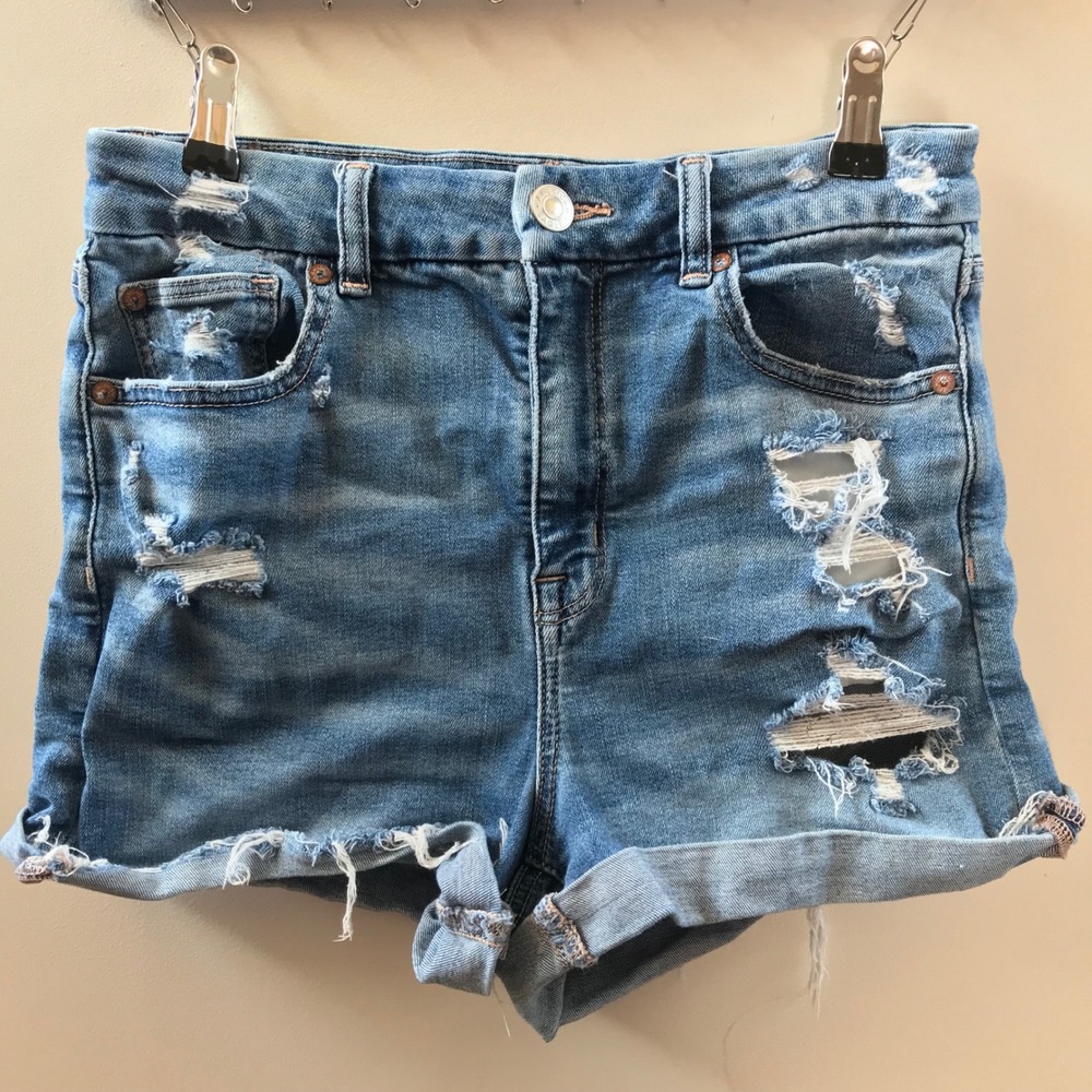 American Eagle Womens 8 Blue Distressed Super Stretch Denim Shorts